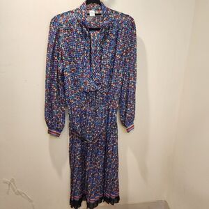 Vintage Multicolor Long Sleeves Pleated Midi Dress fits L